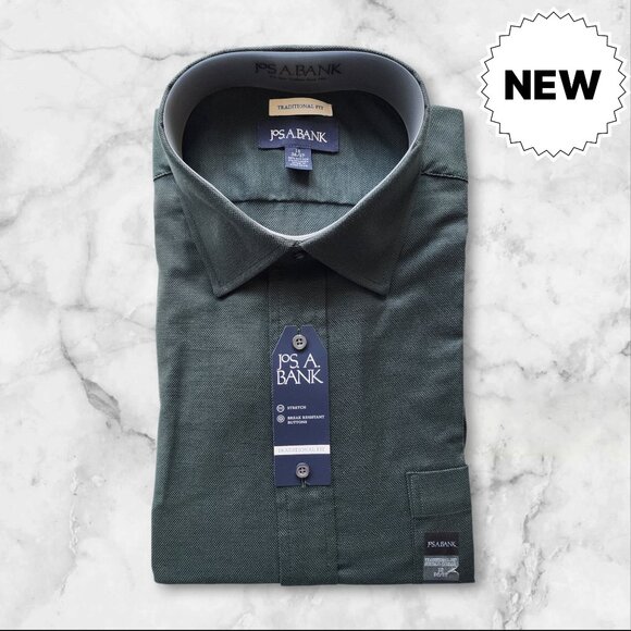 18 36/37 Green Dress Shirt Traditional Fit Dark Jos A Bank New Solid Mens Size - Picture 1 of 17